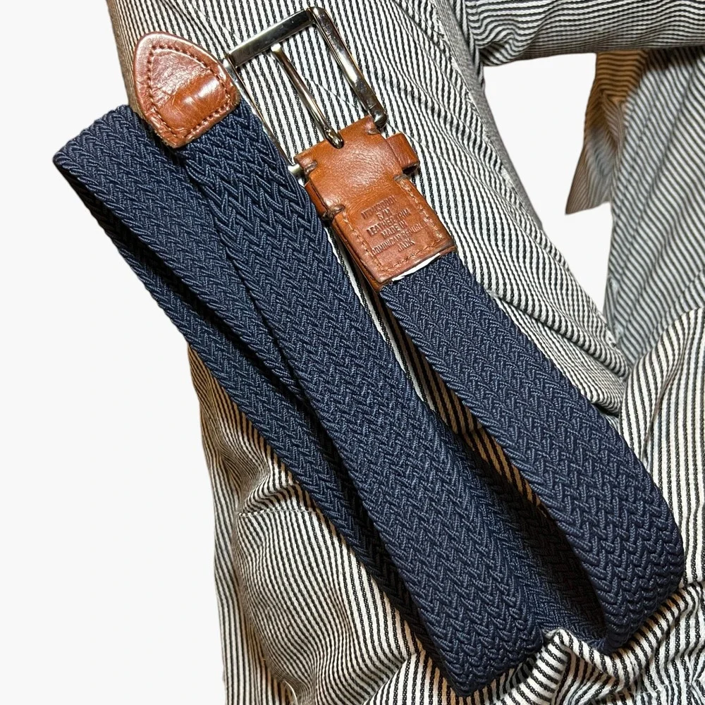 Tommy‎ Bahama Mens S/M Belt Braided Elastic Leather Trim Silver Buckle Navy Blue